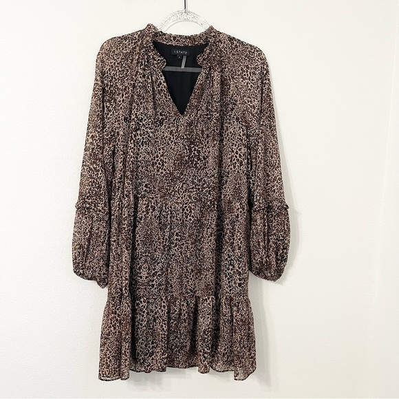1.STATE Leopard Print Long Sleeve Babydoll Mini Dress - Size L - Picture 1 of 10
